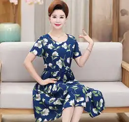 夏季长裤大裙摆连衣裙女士印花棉绸裙老年人大码裙子女中老年女装宾特