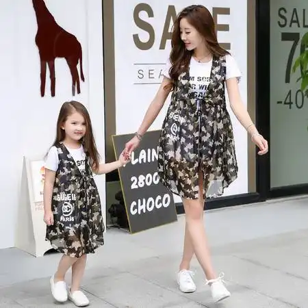 zl亲子装夏装童装韩版女童迷彩宝宝衣服裙子连衣裙套装母女装762