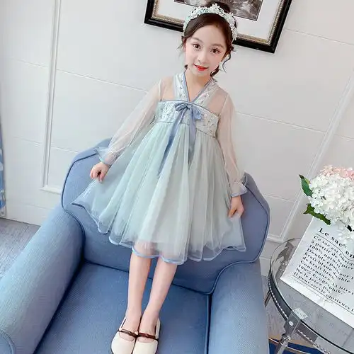 女童连衣裙2020新款夏季洋气儿童唐装公主裙女孩汉服蓬蓬网纱裙子