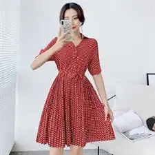 印花百褶裙女2020夏装新款韩版系带气质中长款短袖v领衬衫裙子潮