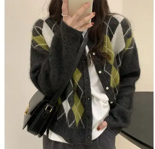 verhouse菱格针织开衫女秋冬新款慵懒风线衣外套宽松显瘦外穿毛衣