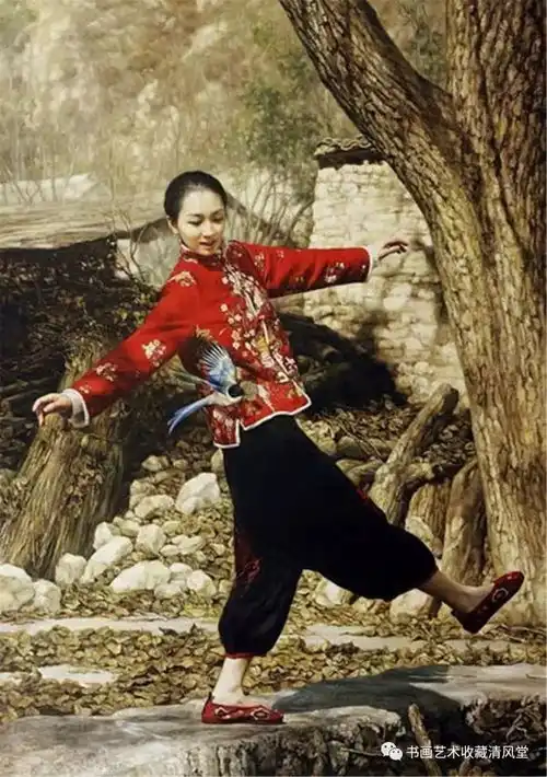 中国油画风吹过花含苞淑女窈窕